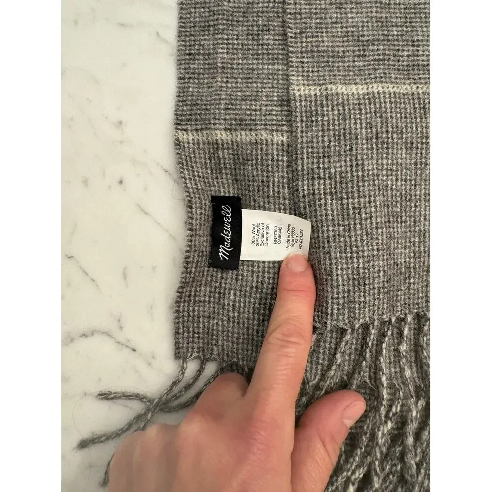 Madewell Grey Black White Plaid Cape Scarf Armholes w fringe Wool Overzied